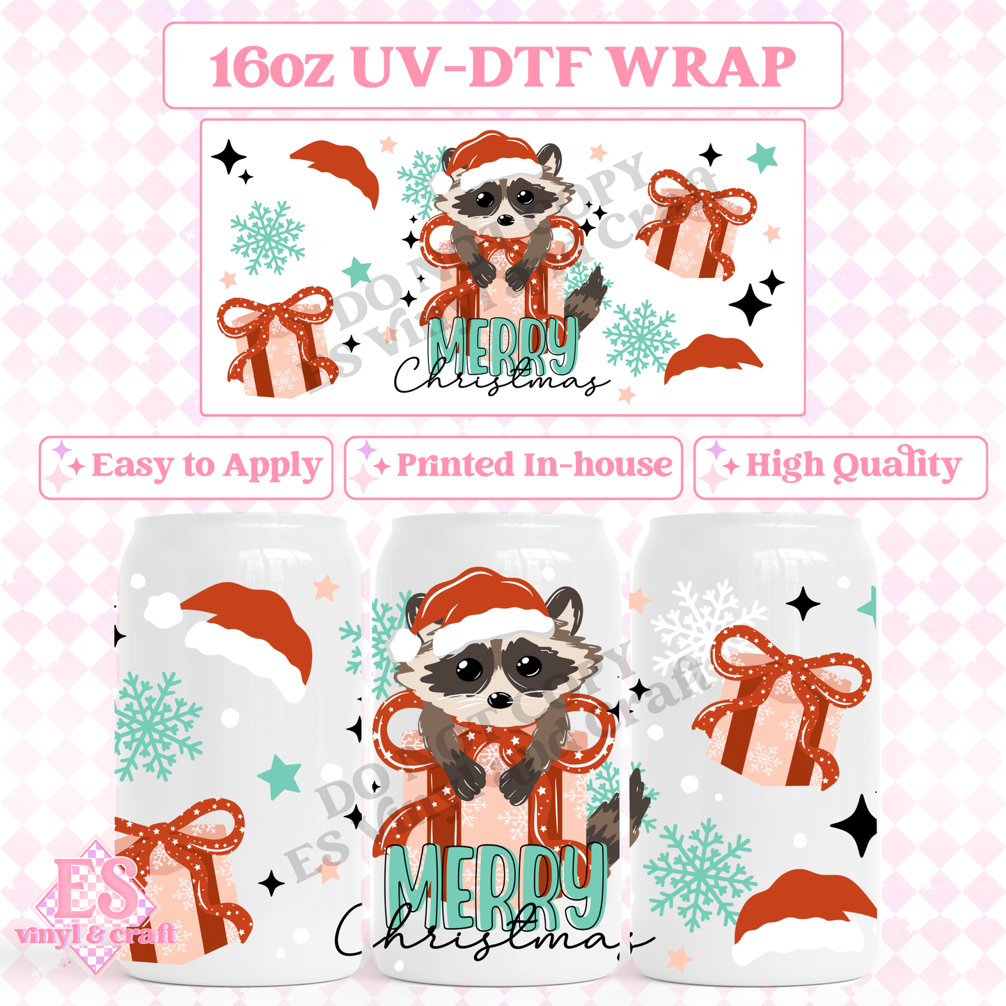 Merry Christmas Racoon - 16oz Beer Can / Libbey UV-DTF Transfer image 0