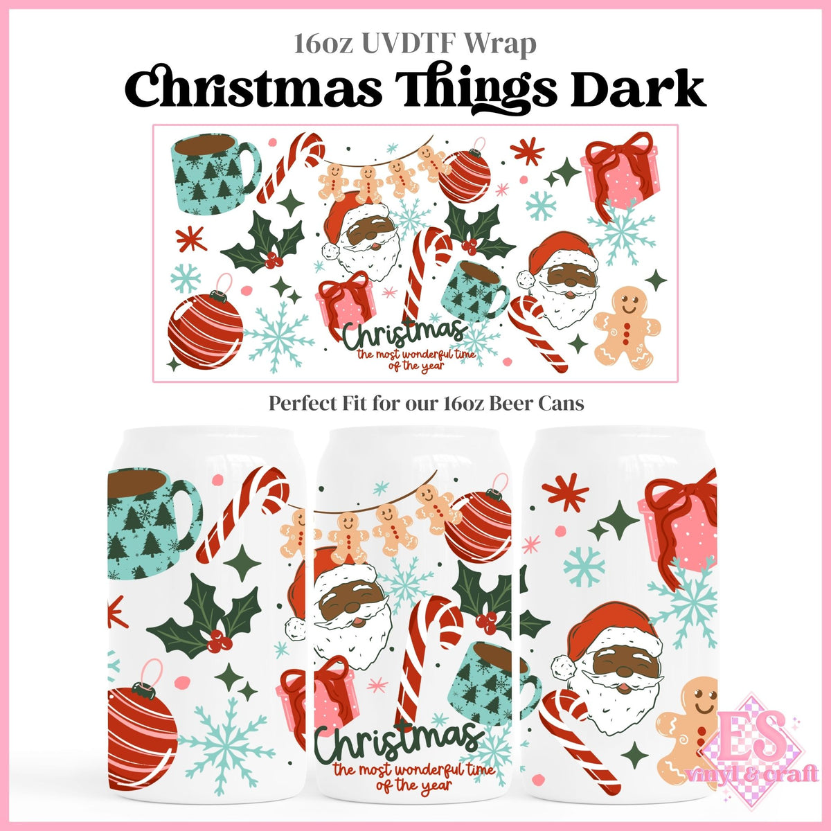 Christmas Things Dark - 16oz Beer Can / Libbey UVDTF Transfers