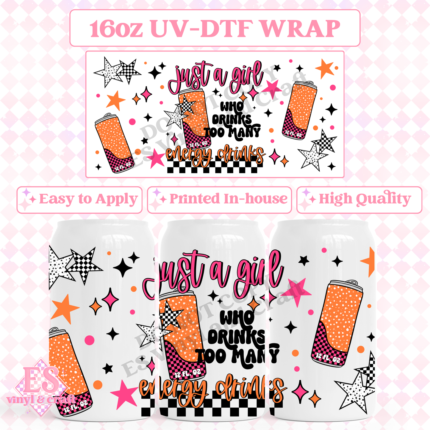 Too Many Energy Drinks - 16oz Beer Can / Libbey UV-DTF image 0