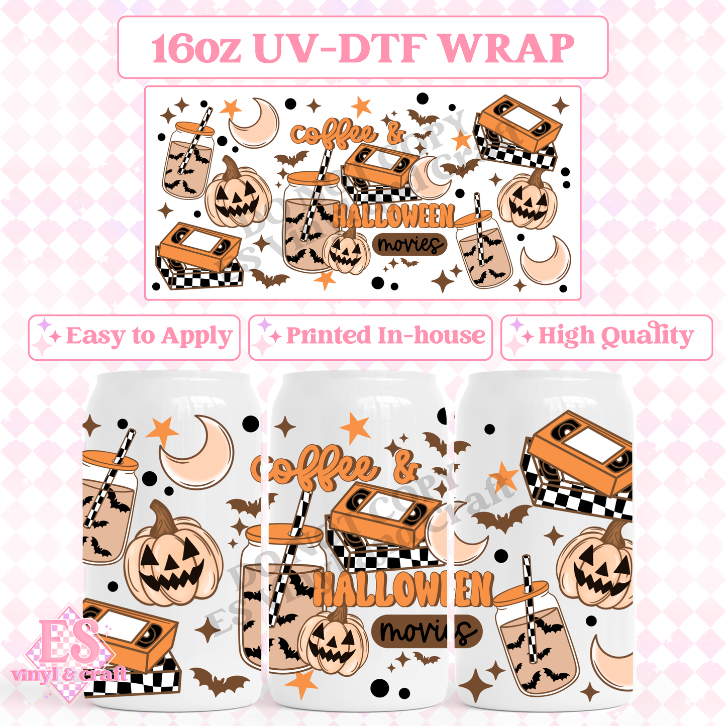 Coffee and Halloween Movies - 16oz Beer Can / Libbey UV-DTF Transfer image 0