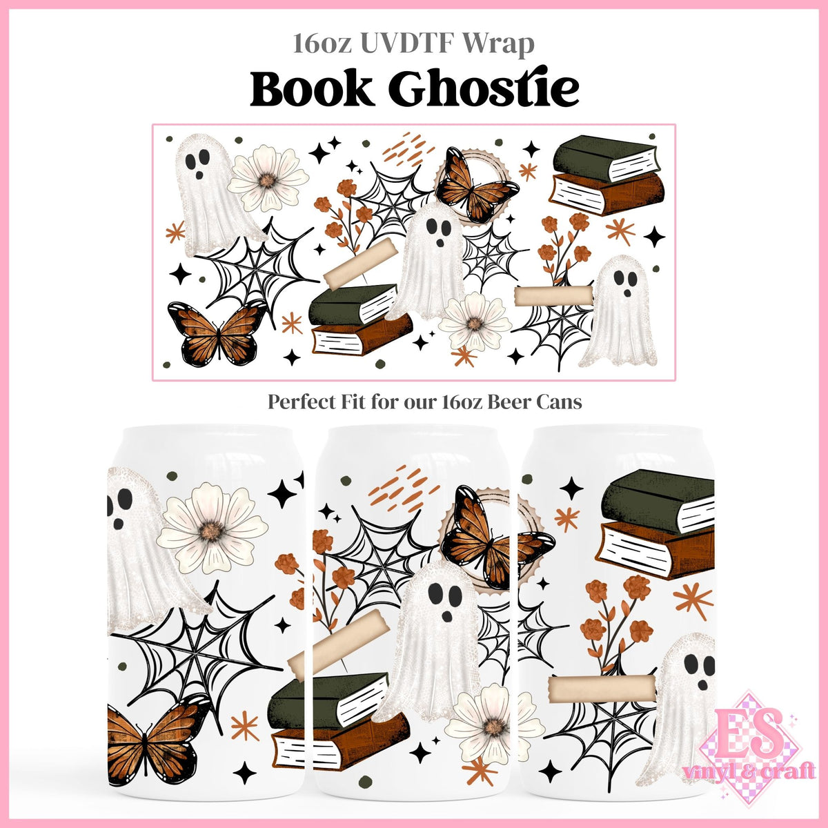 Book Ghostie - 16oz Beer Can / Libbey UVDTF Transfers