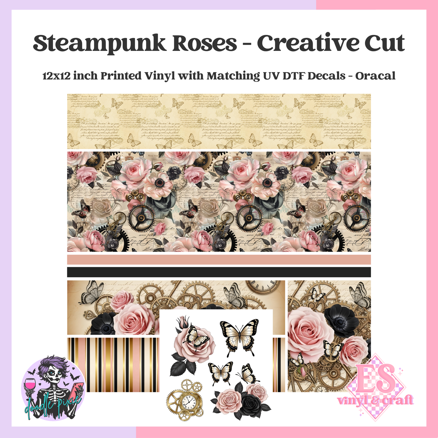 Steampunk Roses Creative Cuts - 12" x 12" Printed Vinyl and UVDTF Decals image 0