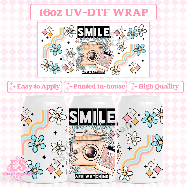 Smile Haters Camera - 16oz Beer Can / Libbey UV-DTF Transfer image 0