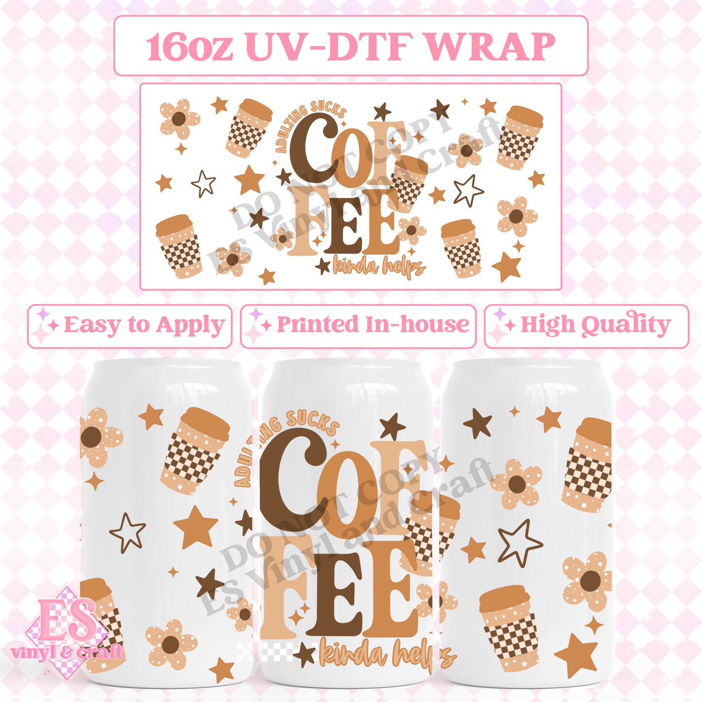 Coffee Kinda Helps - 16oz Beer Can / Libbey UV-DTF Transfer image 0