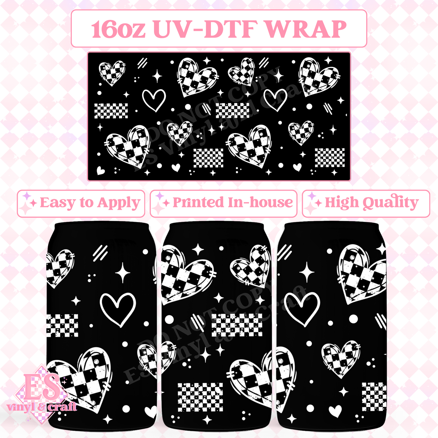 Checker Hearts (White Accent) - 16oz Beer Can / Libbey UV-DTF Transfer image 0