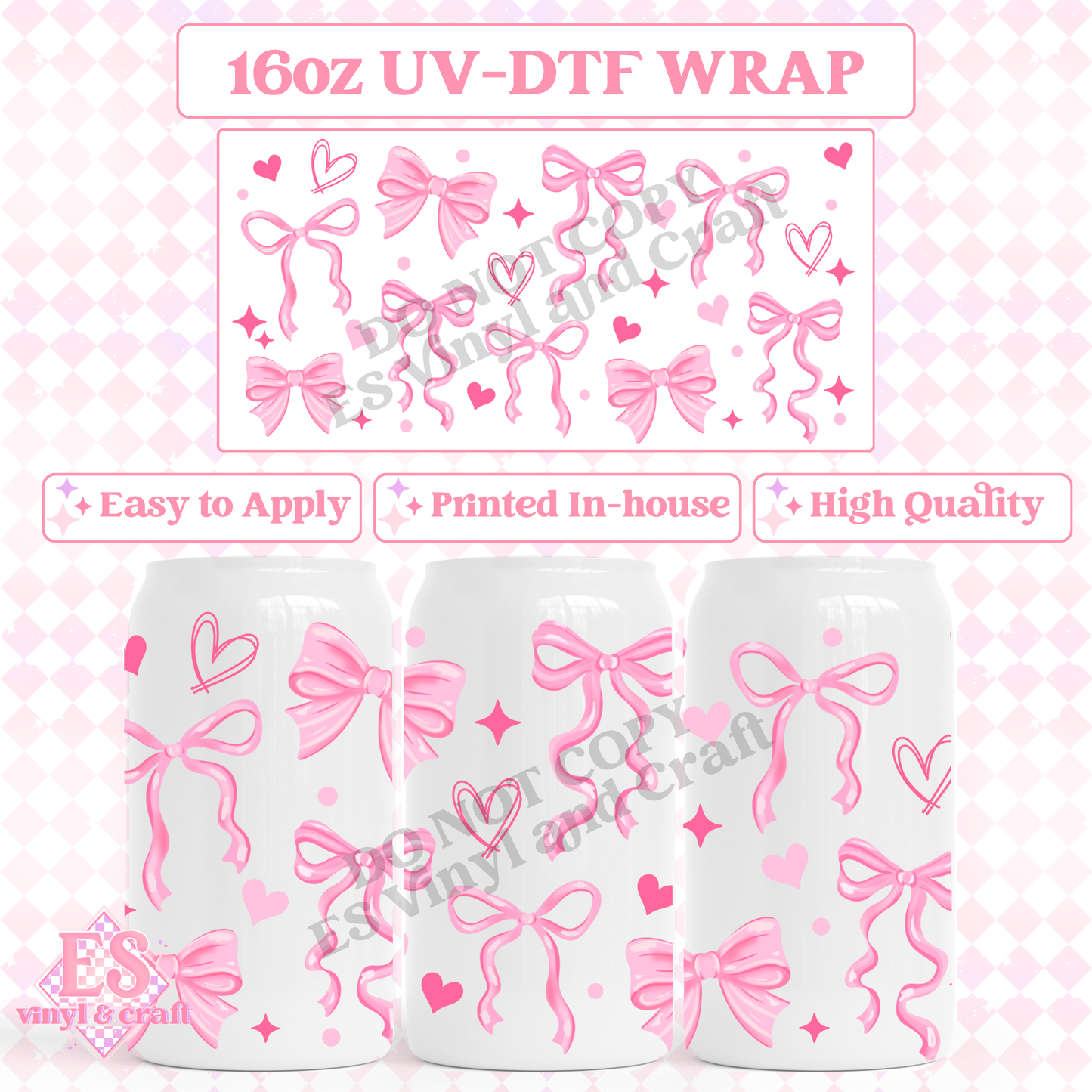 Pink Bows and Hearts - 16oz Beer Can / Libbey UV-DTF image 0