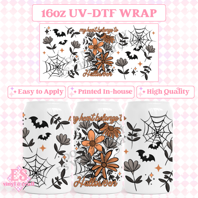My Heart Belongs to Halloween Florals - 16oz Beer Can / Libbey UV-DTF Transfers image 0