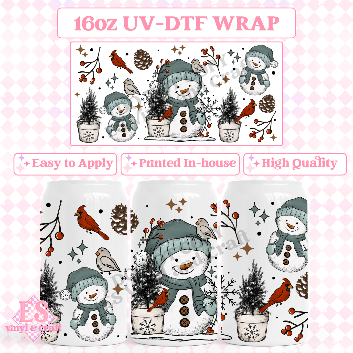 Snowman and Birds - 16oz Beer Can / Libbey UV-DTF image 0