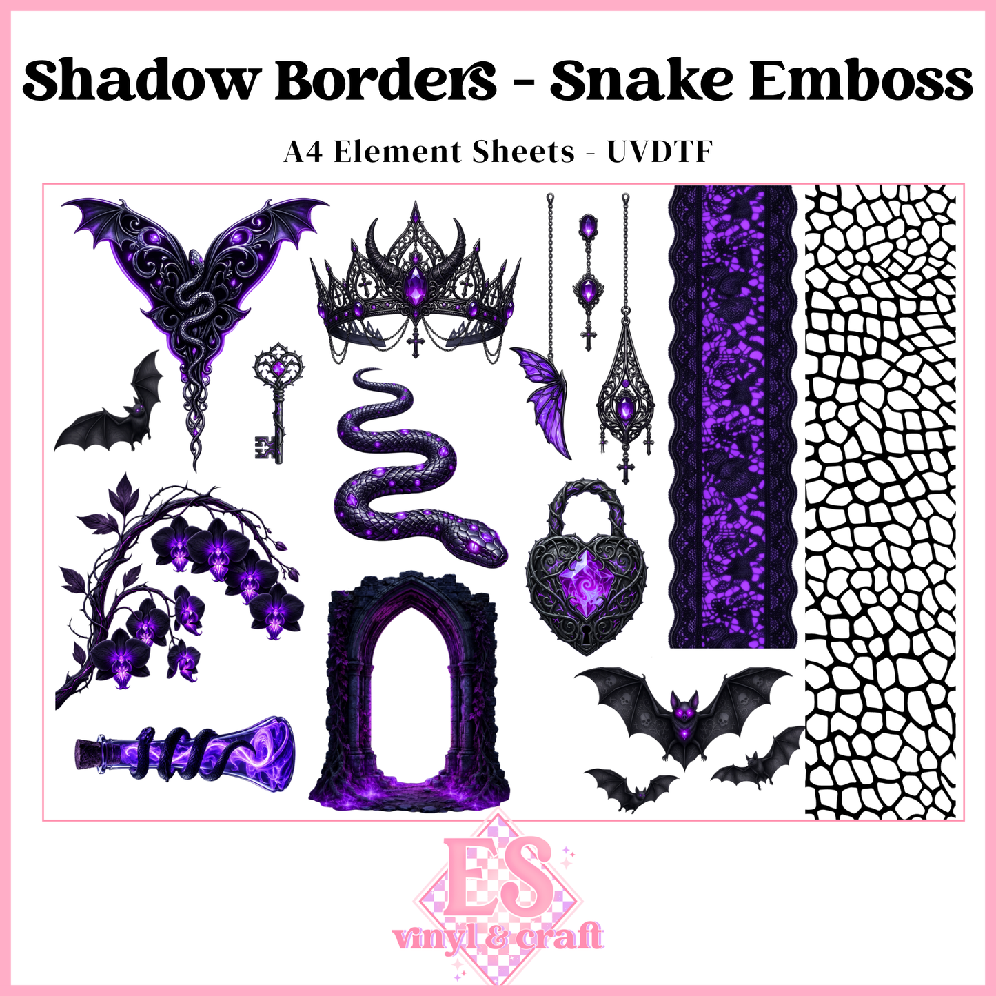 Shadow Borders - Snake Emboss - UVDTF Element Sheet (A4 Sheet)