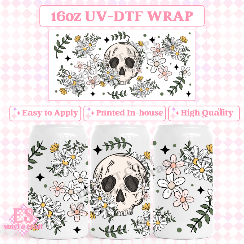 Floral Skellie - 16oz Beer Can / Libbey UV-DTF Transfer image 0
