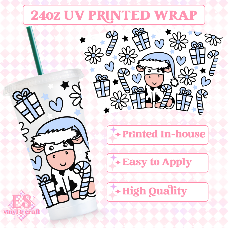 Blue Christmas Cow - UV Printed 24oz Cold Cup Wrap image 0