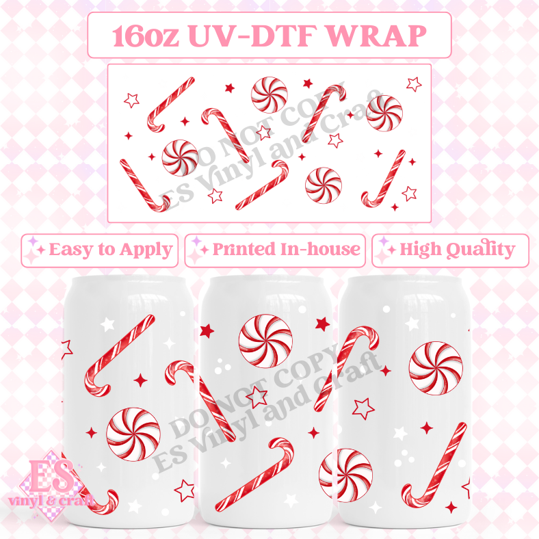 Candy Cane - 16oz Beer Can / Libbey UV-DTF image 0