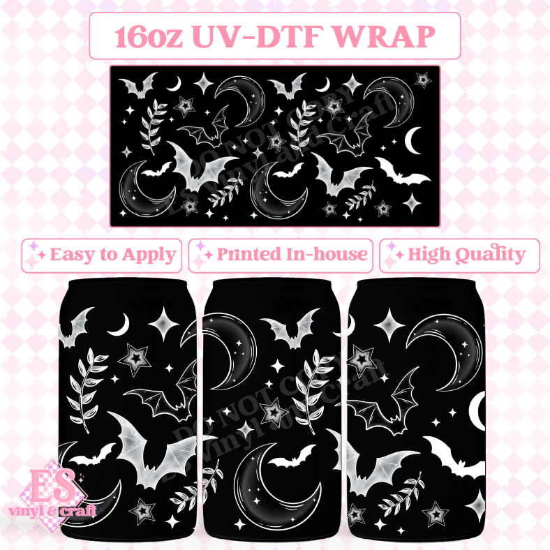 Bats, Stars and Moons for Black Cups - 16oz Beer Can / Libbey UV-DTF Transfer image 0