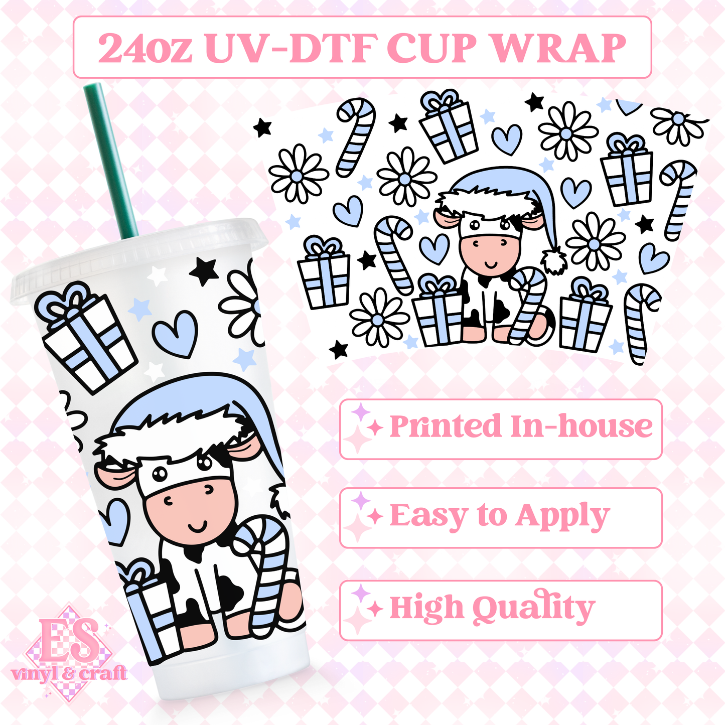 Blue Christmas Cow - UVDTF 24oz Cold Cup Wrap image 0