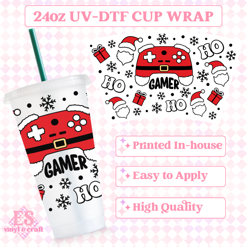 Santa Gamer Black Outline - UVDTF 24oz Cold Cup Wrap image 0
