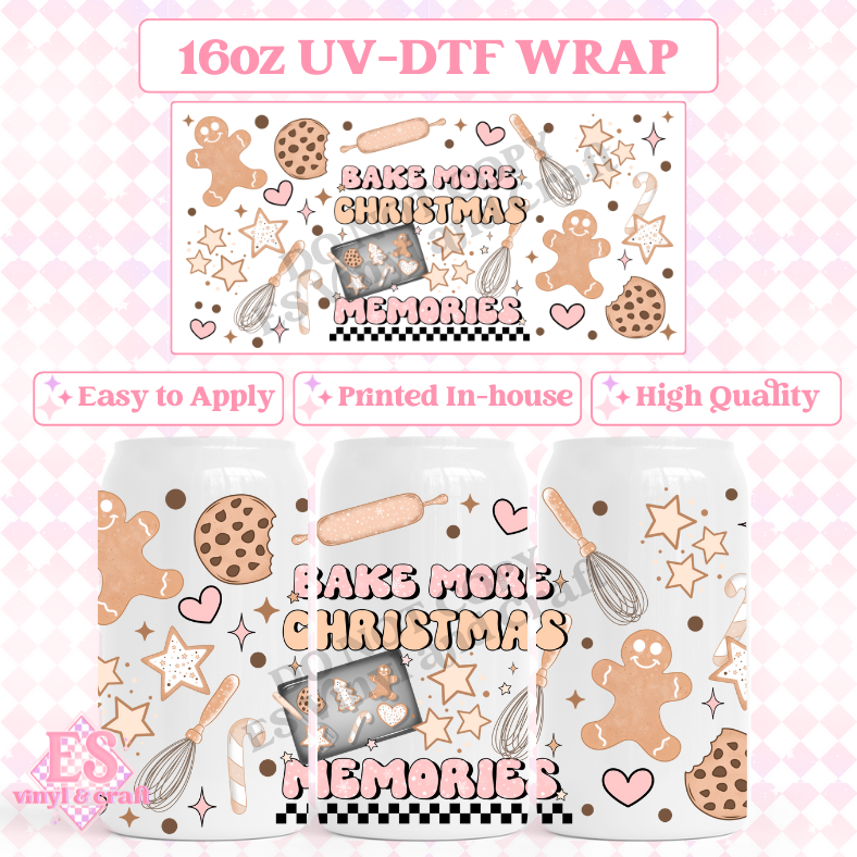 Bake More Christmas Memories - 16oz Beer Can / Libbey UV-DTF Transfer image 0