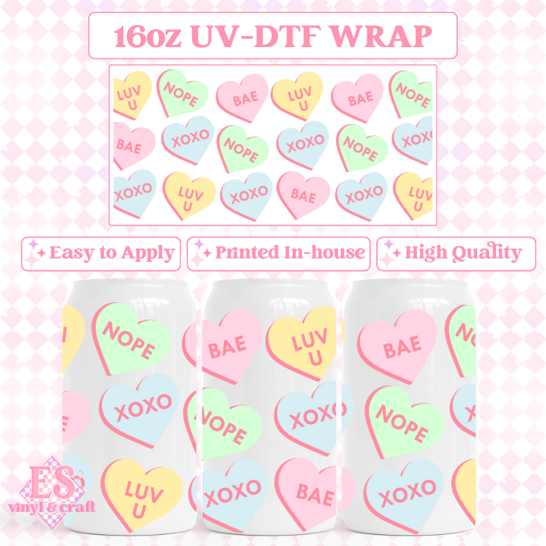 Conversation Hearts - 16oz Beer Can / Libbey UV-DTF Transfer image 0