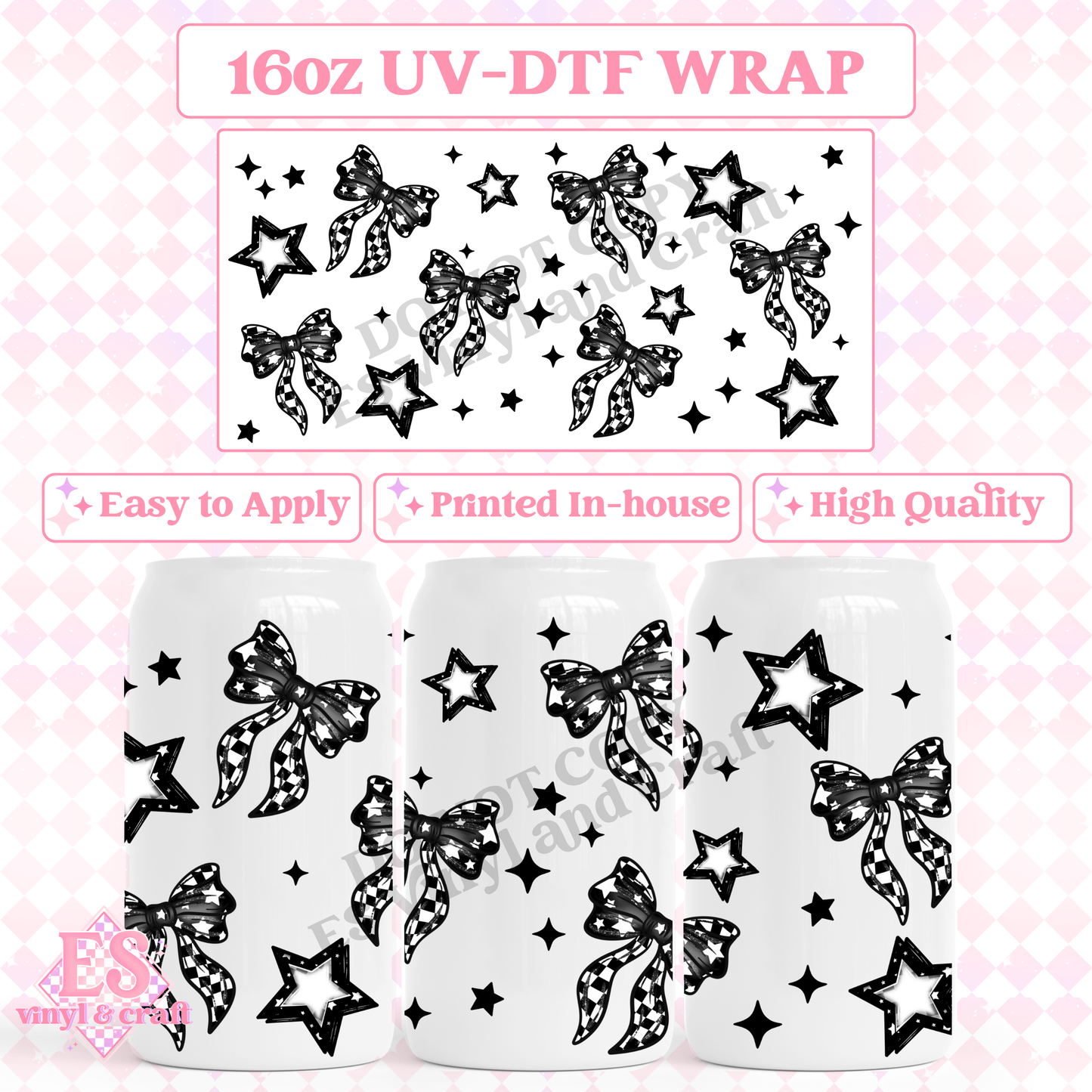 Checker Bow and Stars - 16oz Beer Can / Libbey UV-DTF Transfer image 0