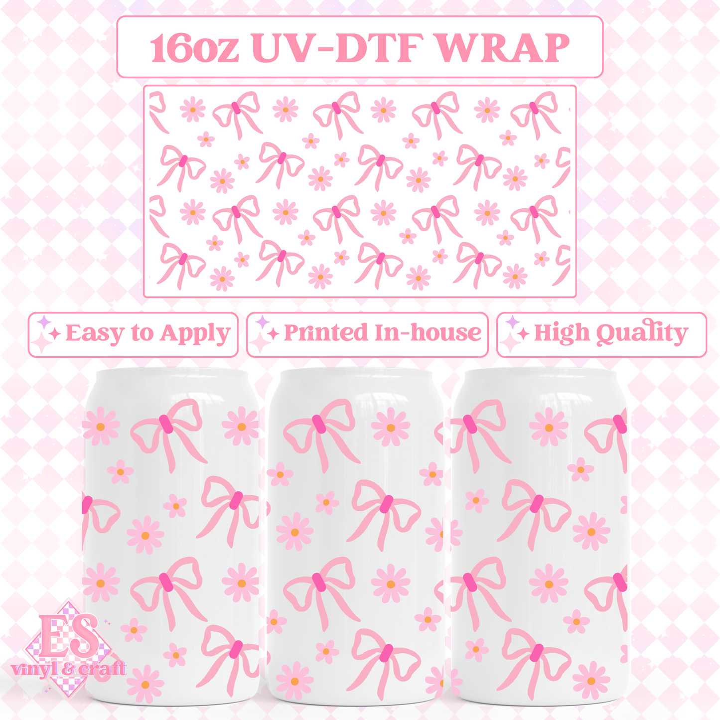Coquette Bows and Daisies - 16oz Beer Can / Libbey UV-DTF Trans image 0