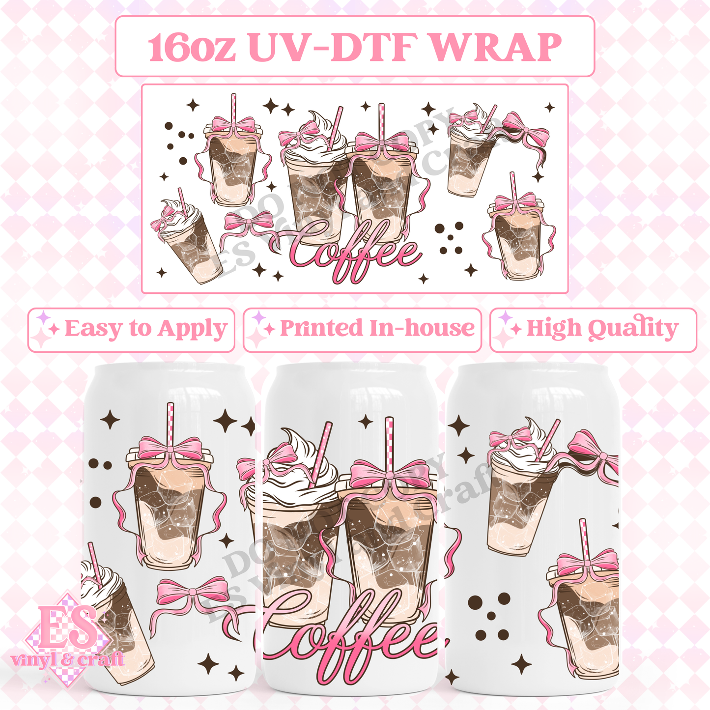 Pink Coffee Bows - 16oz Beer Can / Libbey UV-DTF Transfer image 0