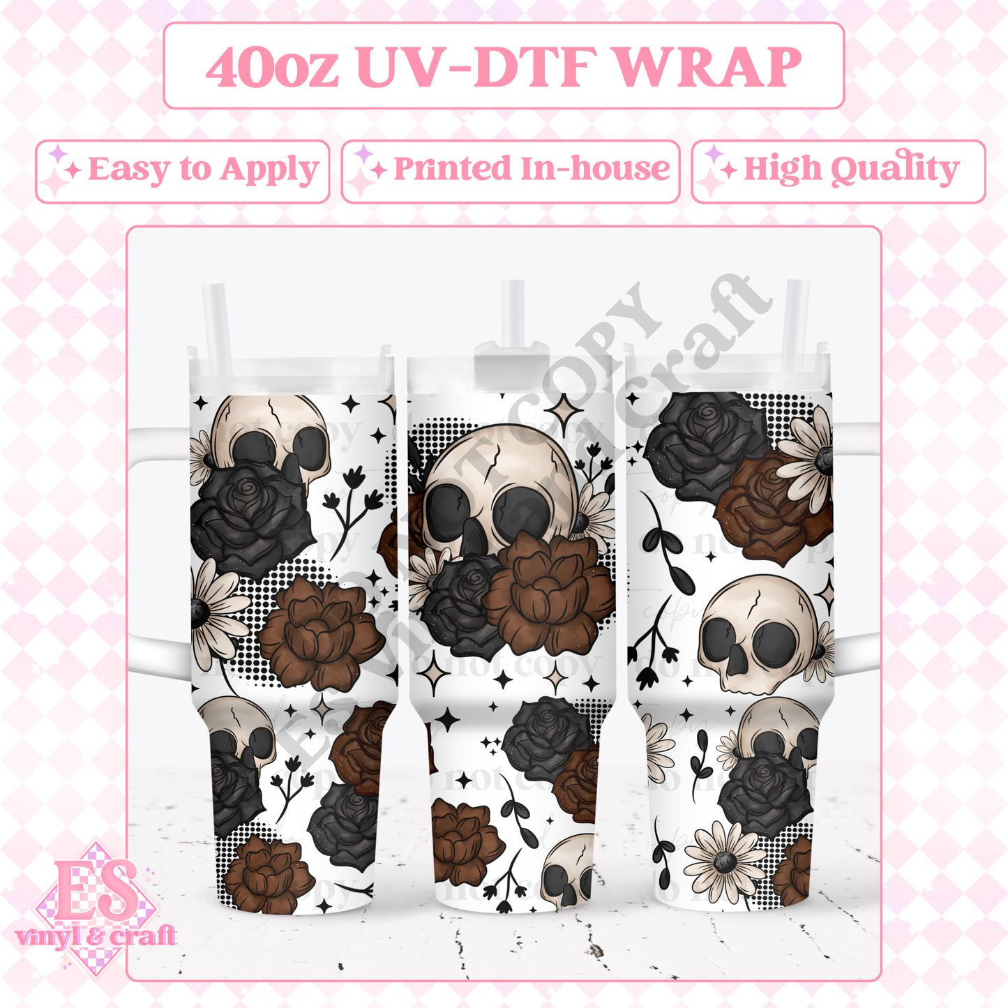 Dark Floral Skellie - 40oz Tumbler Wraps - UV-DTF (2 Wraps - Top and Bo image 0