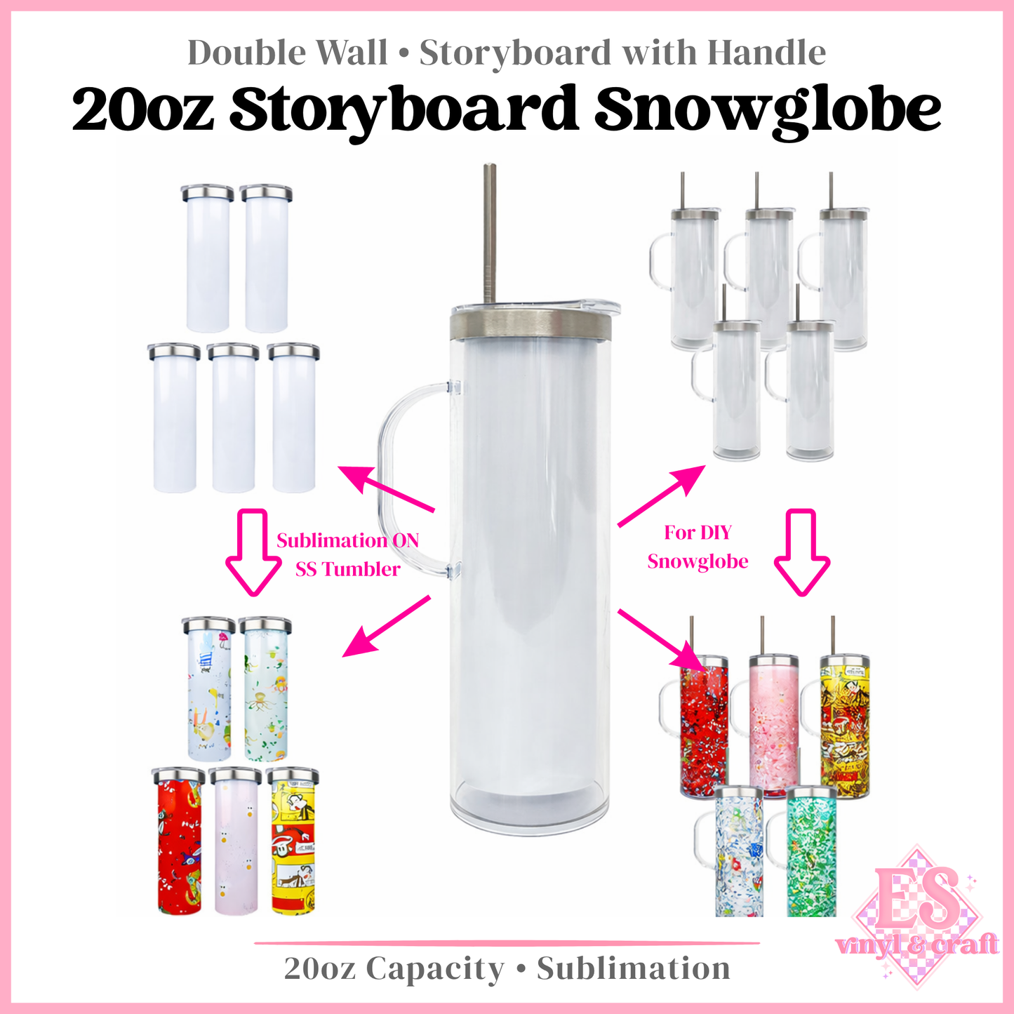 20oz Storyboard Snowglobe Sublimation Tumbler with Handle