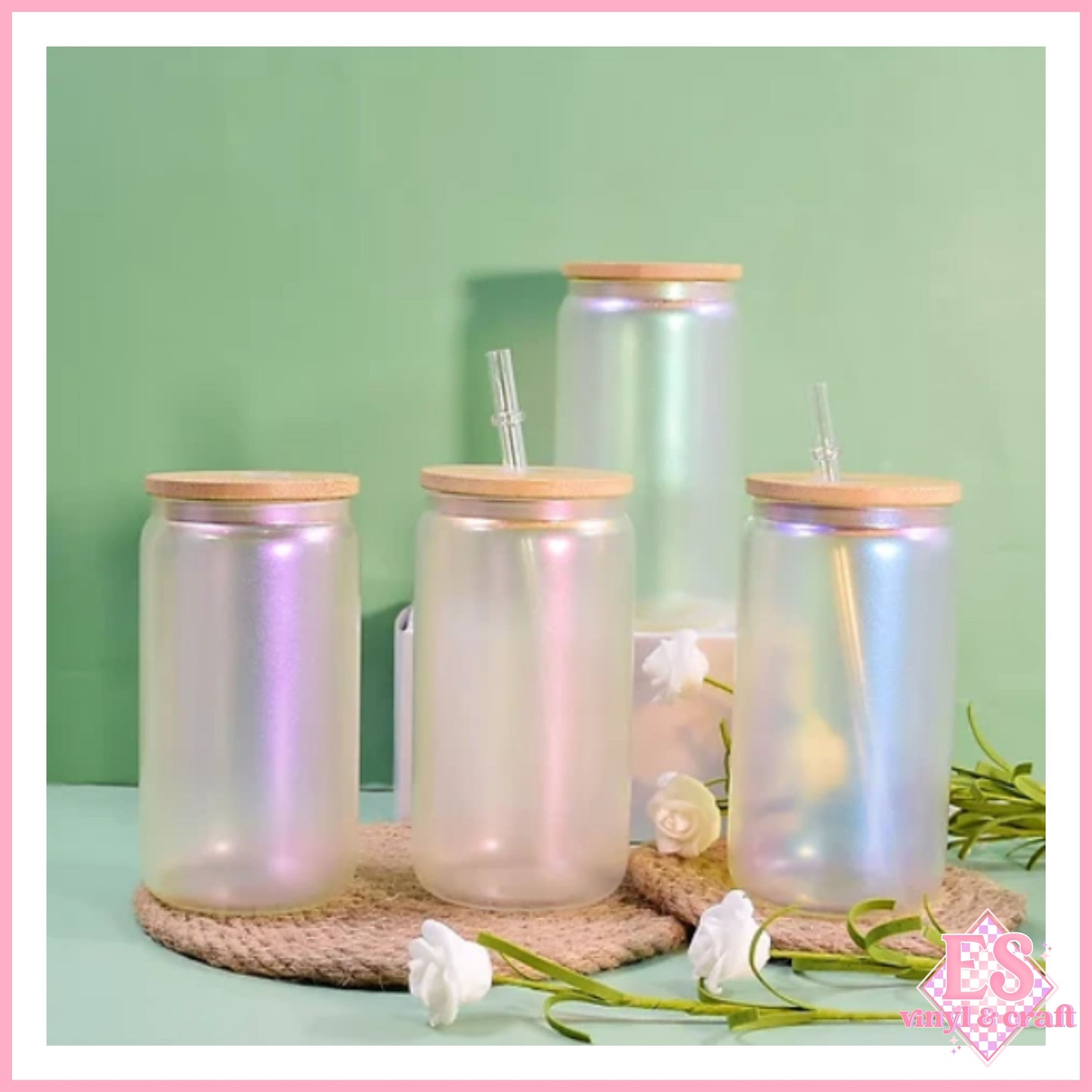 Rainbow Shimmer / Iridescent Beer Can with Bamboo Lid & Straw