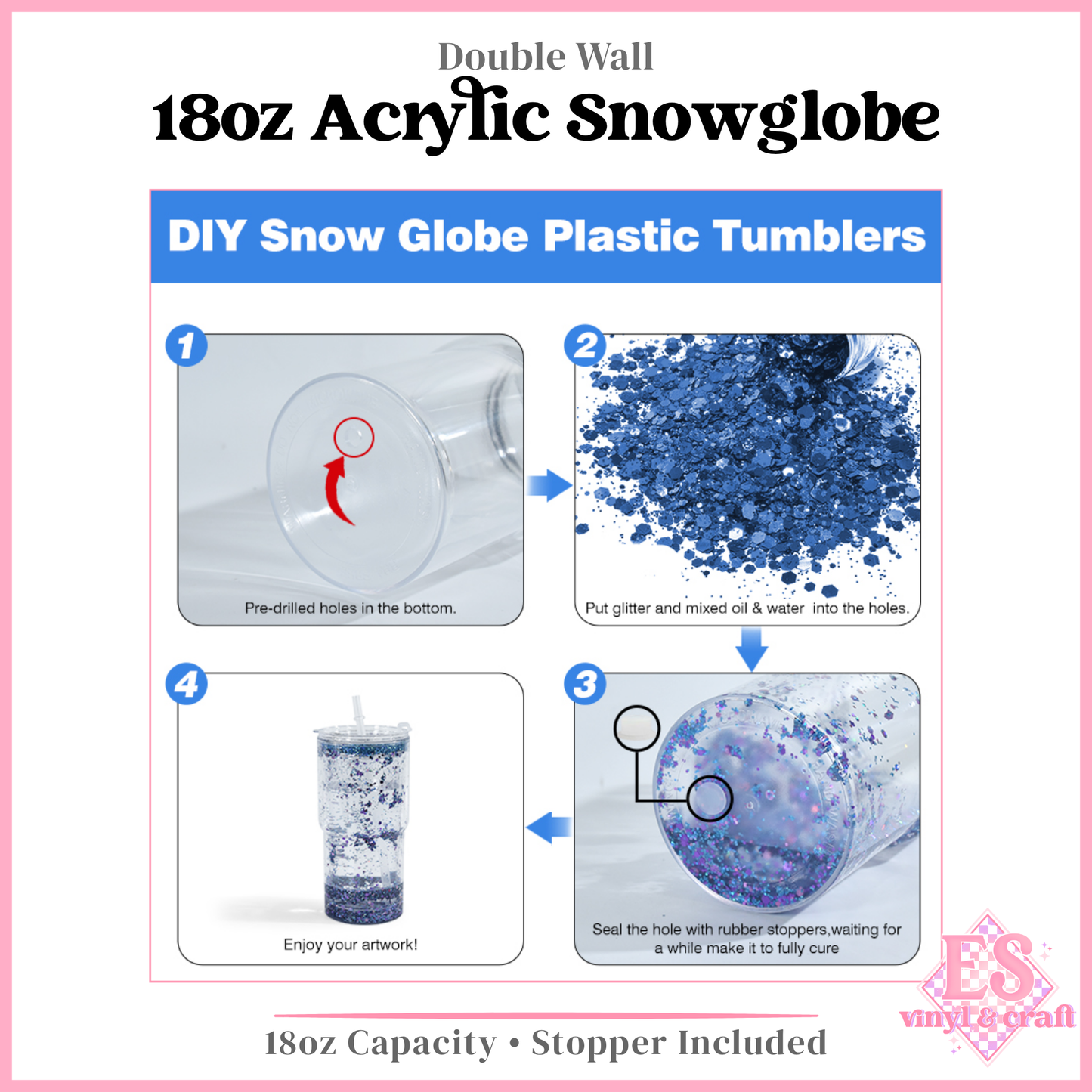 18oz Double Wall Acrylic Snowglobes Pre Drilled and Stoppers