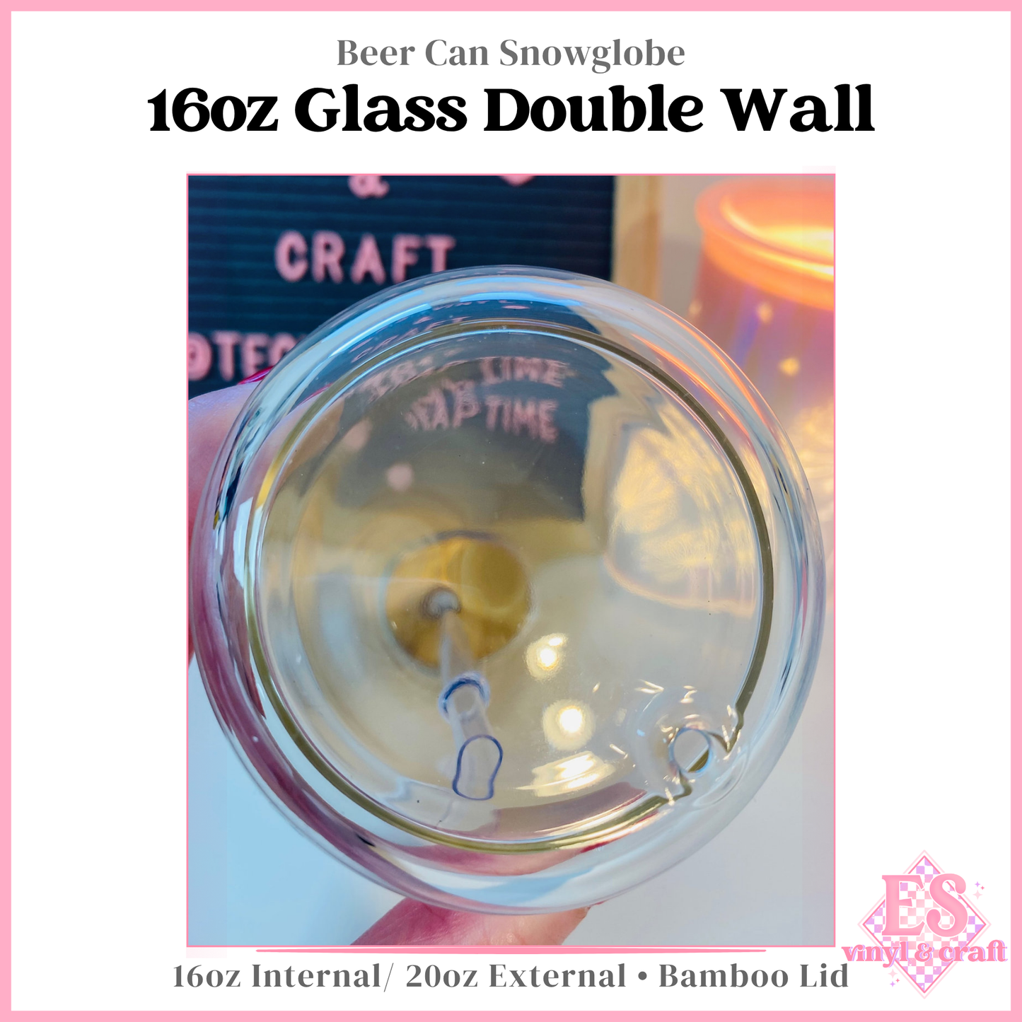 16oz Double Wall Beer Can Glass Snowglobe (20oz External) Bamboo Lid