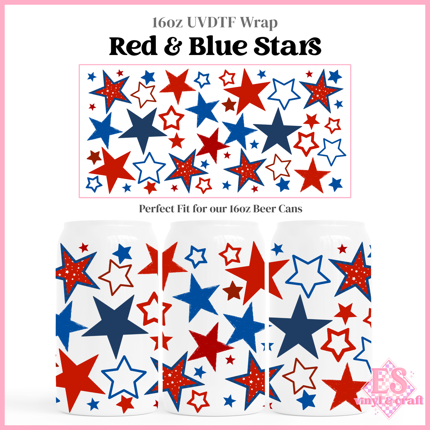 Red & Blue Stars - 16oz Beer Can / Libbey UV-DTF Transfer