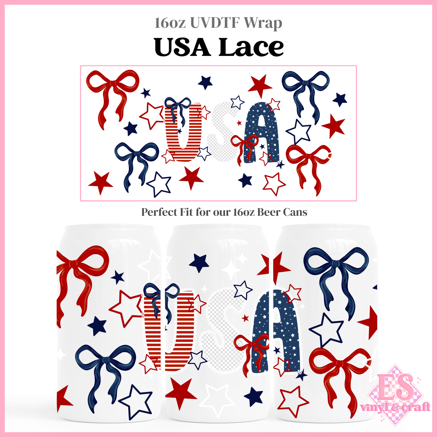USA Lace - 16oz Beer Can / Libbey UV-DTF Transfer