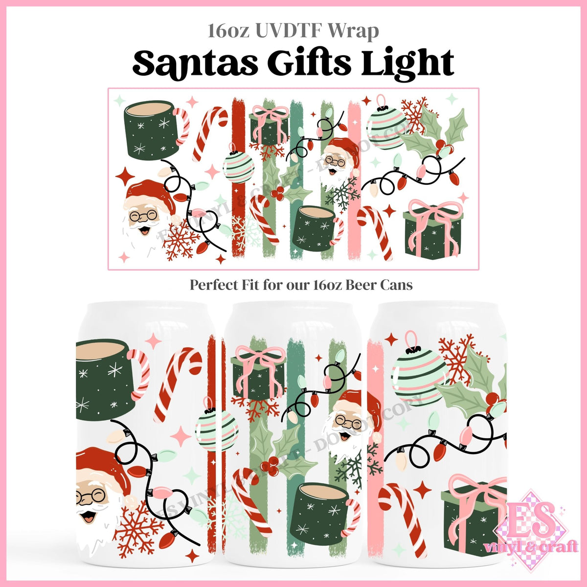 Santas Gifts Light - 16oz Beer Can / Libbey UVDTF Transfers
