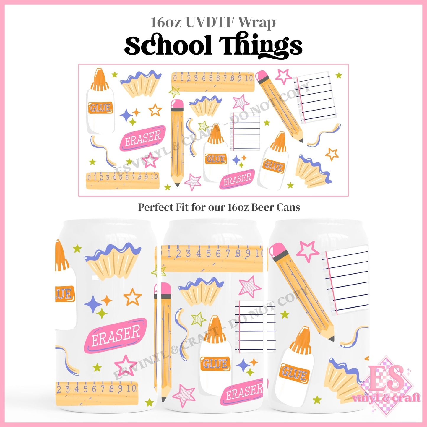 School Things - 16oz Beer Can / Libbey UVDTF Transfers