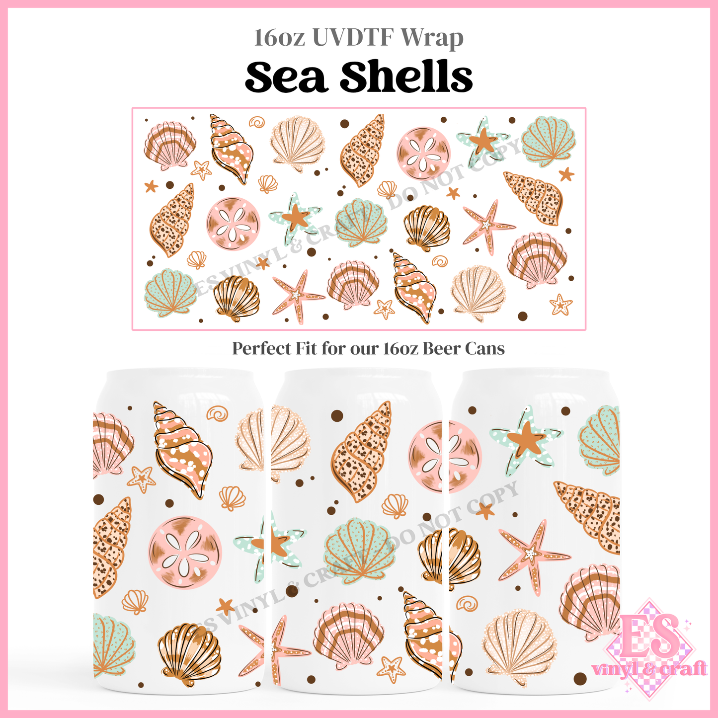 Sea Shells - 16oz Beer Can / Libbey UV-DTF Transfer
