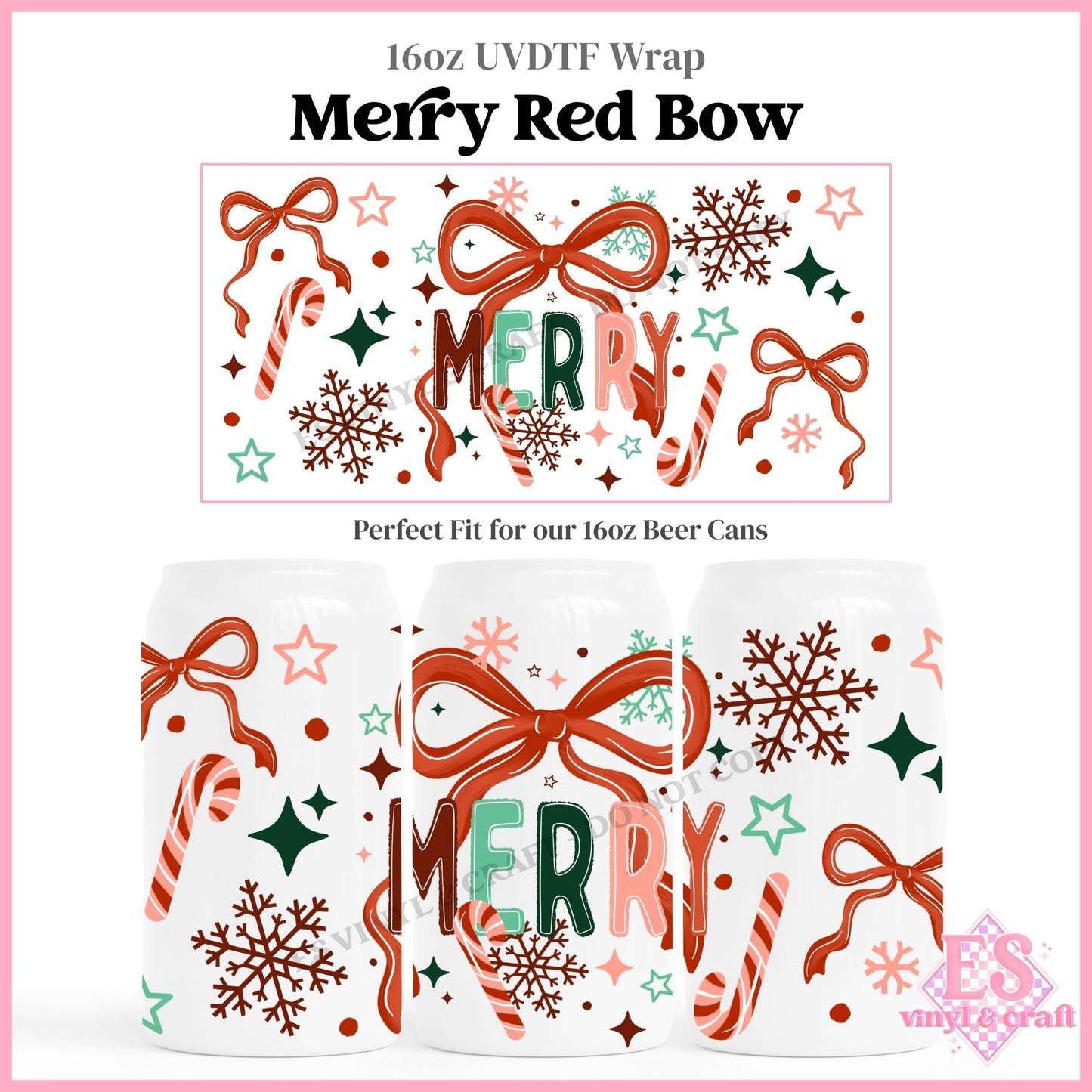 Merry Red Bow - 16oz Beer Can / Libbey UVDTF Transfers