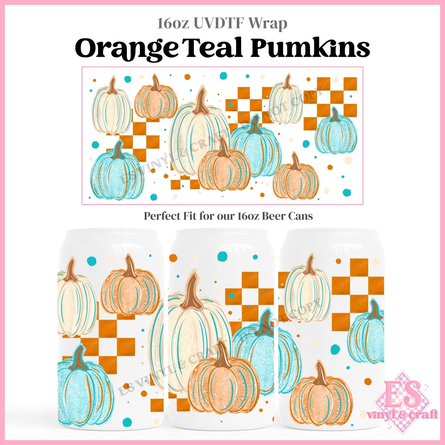 Orange Teal Pumpkins - 16oz Beer Can / Libbey UVDTF Transfers