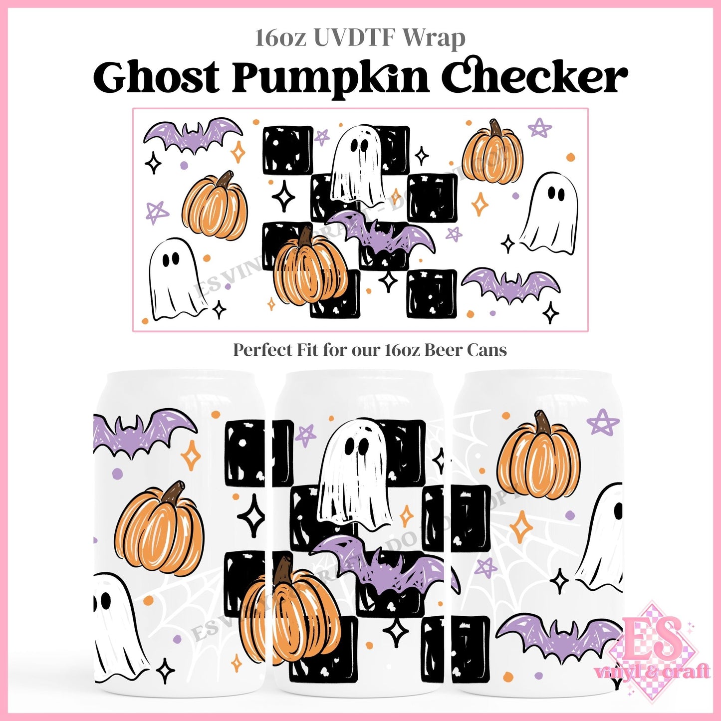 Ghost Pumpkin Checker - 16oz Beer Can / Libbey UVDTF Transfers