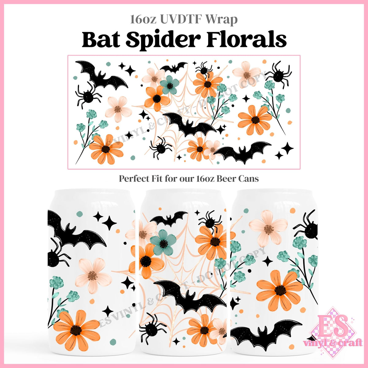 Bat Spider Florals - 16oz Beer Can / Libbey UVDTF Transfers