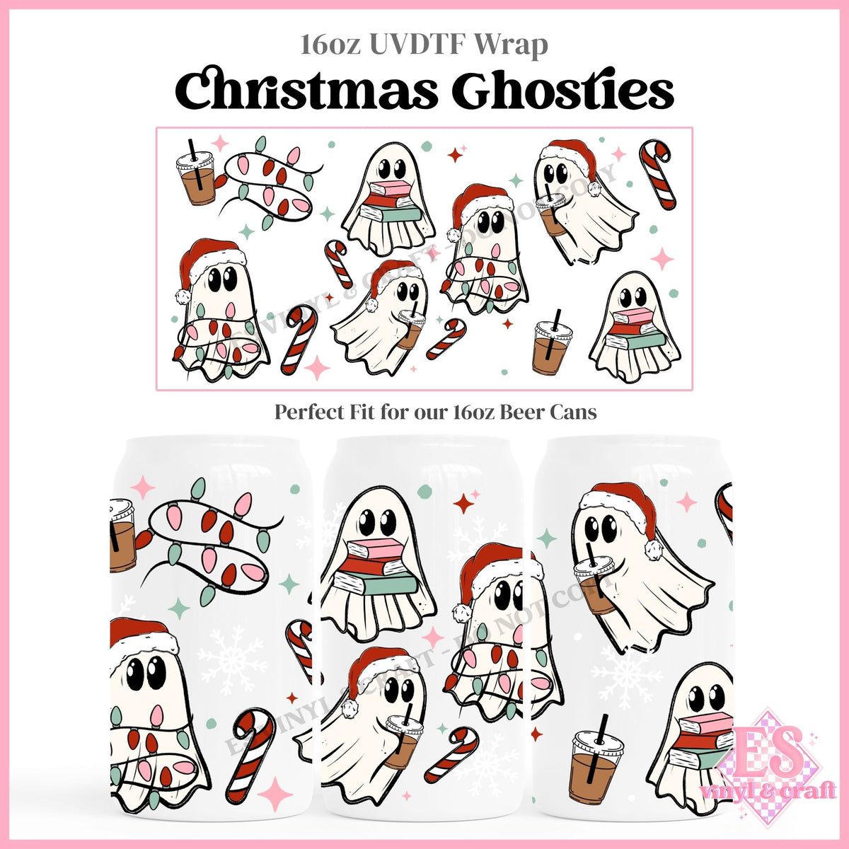 Christmas Ghosties - 16oz Beer Can / Libbey UVDTF Transfers