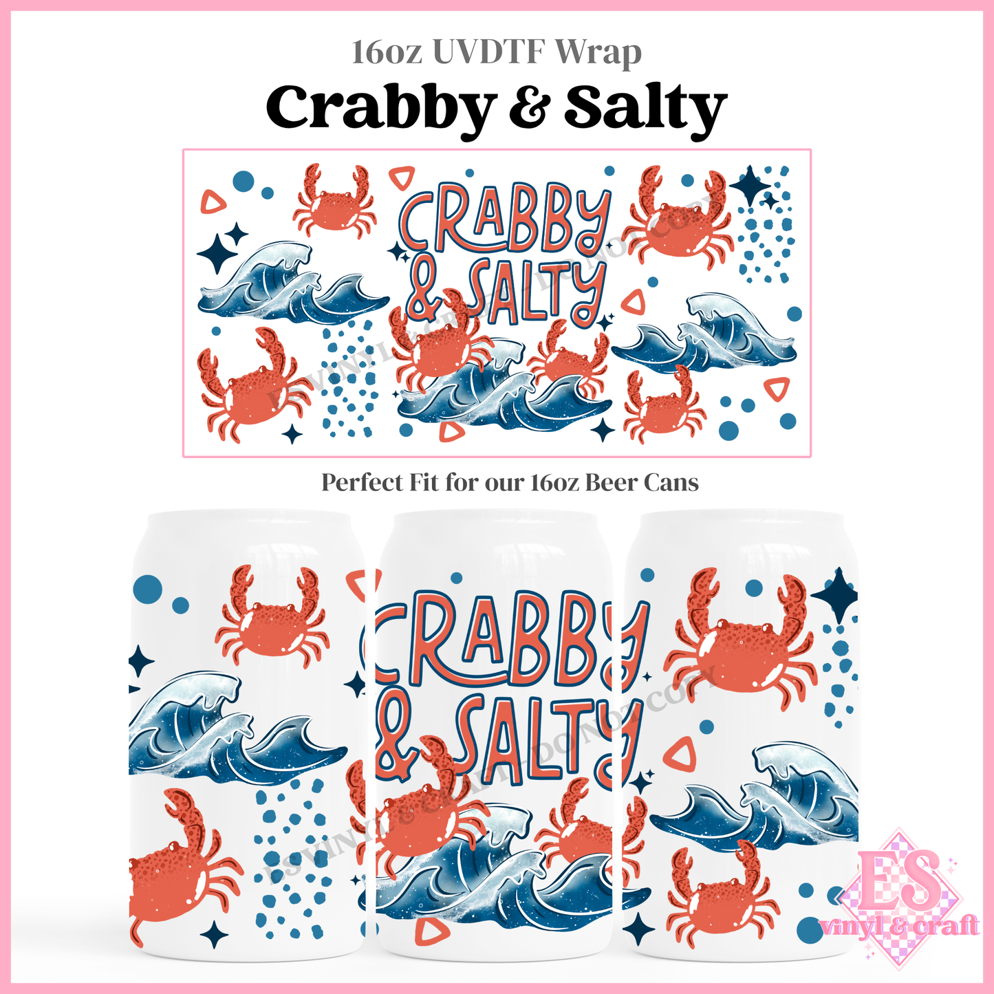 Crabby & Salty - 16oz Beer Can / Libbey UV-DTF Transfer