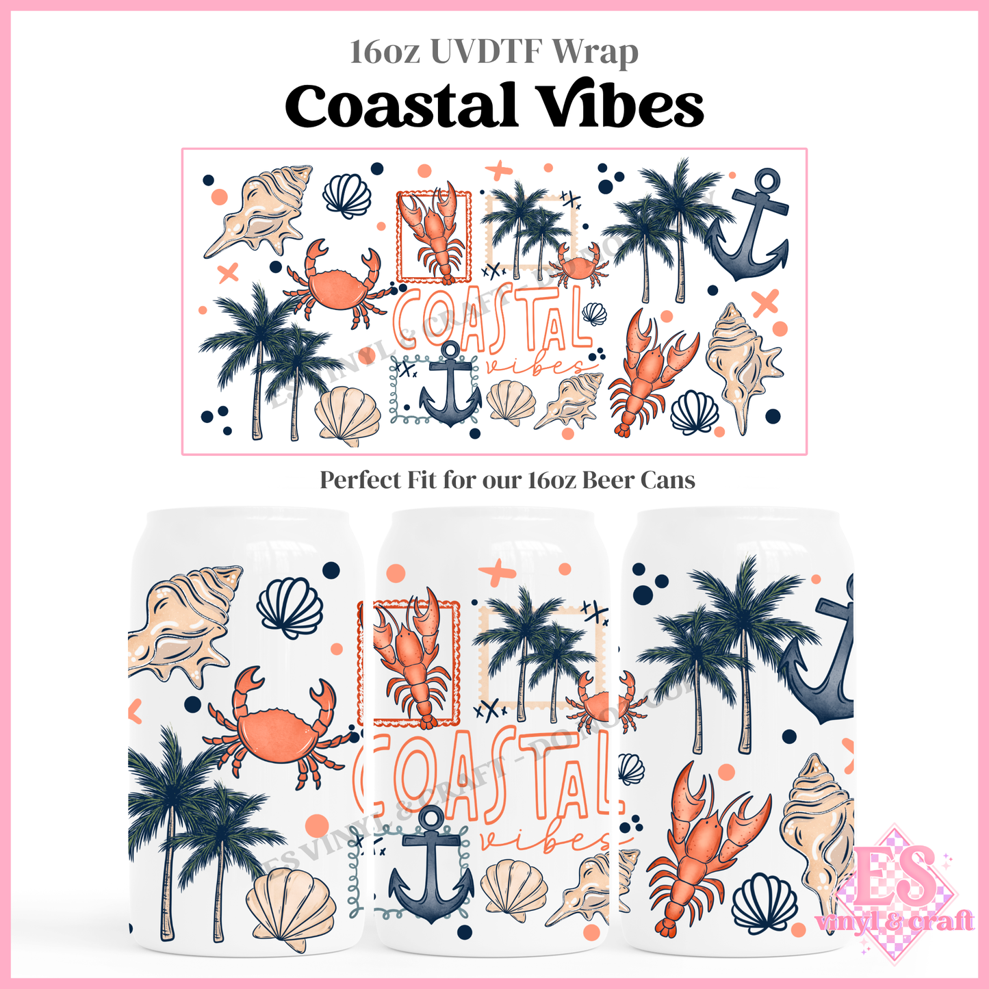 Coastal Vibes - 16oz Beer Can / Libbey UV-DTF Transfer