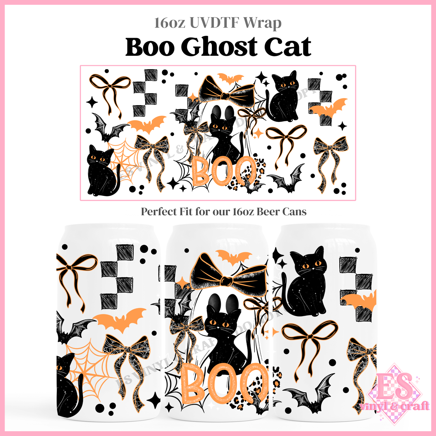 Boo Ghost Cat - 16oz Beer Can / Libbey UV-DTF Transfer