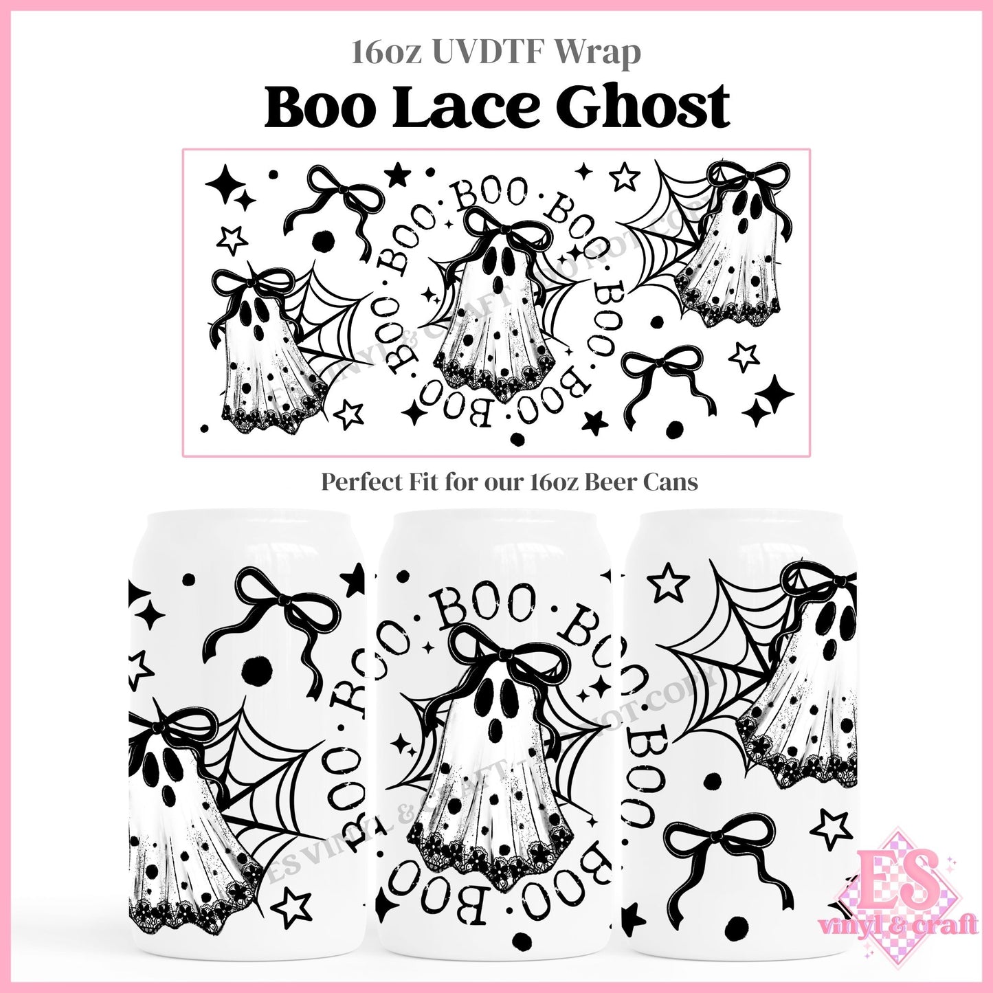 Boo Lace Ghosts - 16oz Beer Can / Libbey UVDTF Transfers