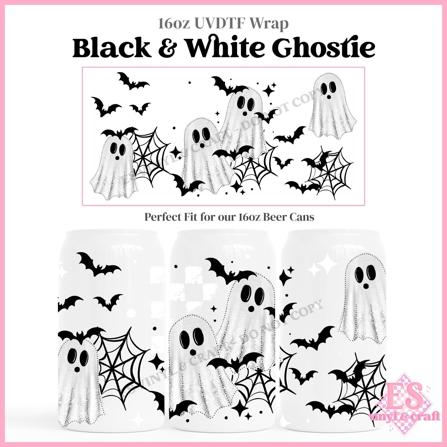 Black & White Ghostie - 16oz Beer Can / Libbey UVDTF Transfers