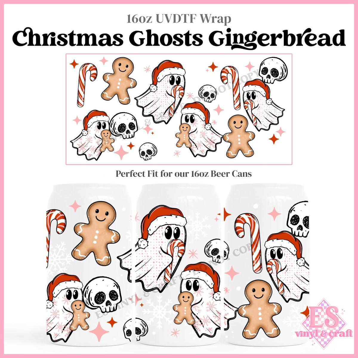 Christmas Ghost Gingerbread - 16oz Beer Can / Libbey UVDTF Transfers