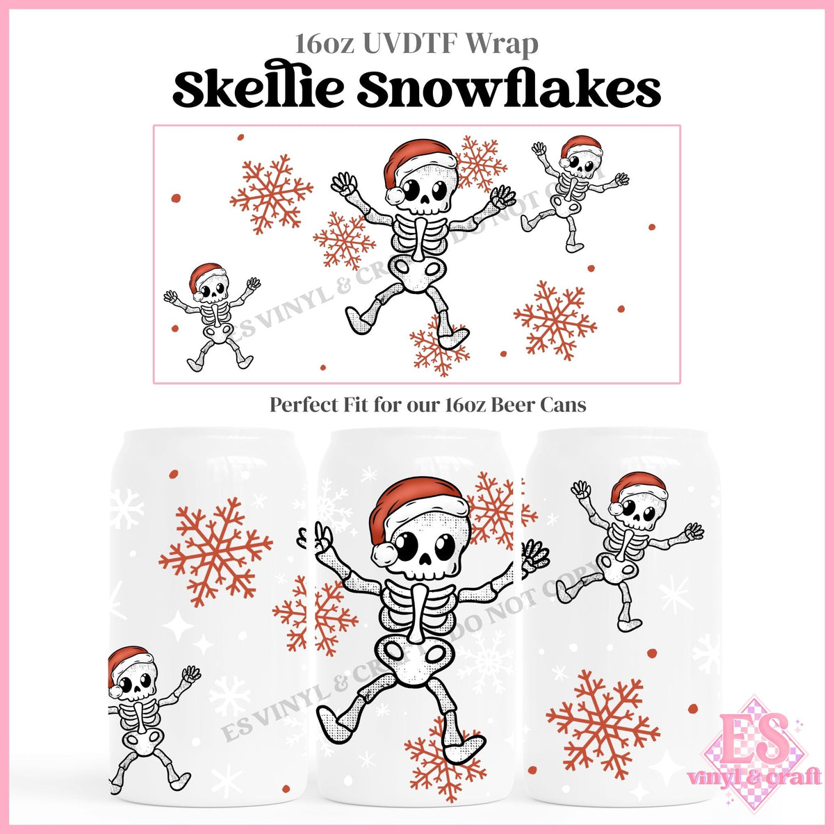 Skellie Snowflakes - 16oz Beer Can / Libbey UVDTF Transfers