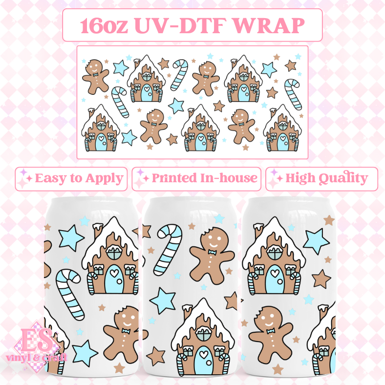 Gingerbread House Blue Edition - UVDTF 16oz Libbey Can Wrap image 0