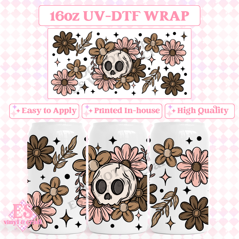 Floral Skellie - 16oz Beer Can / Libbey UV-DTF Transfer image 0