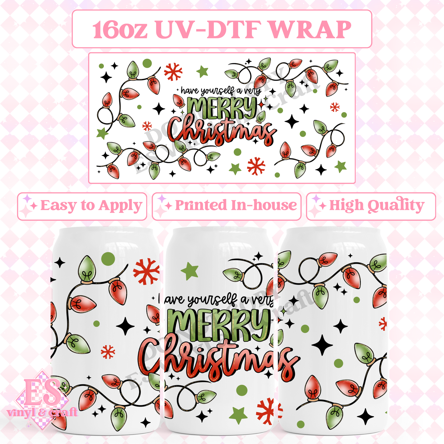 Merry Christmas Lights - 16oz Beer Can / Libbey UV-DTF Transfer image 0