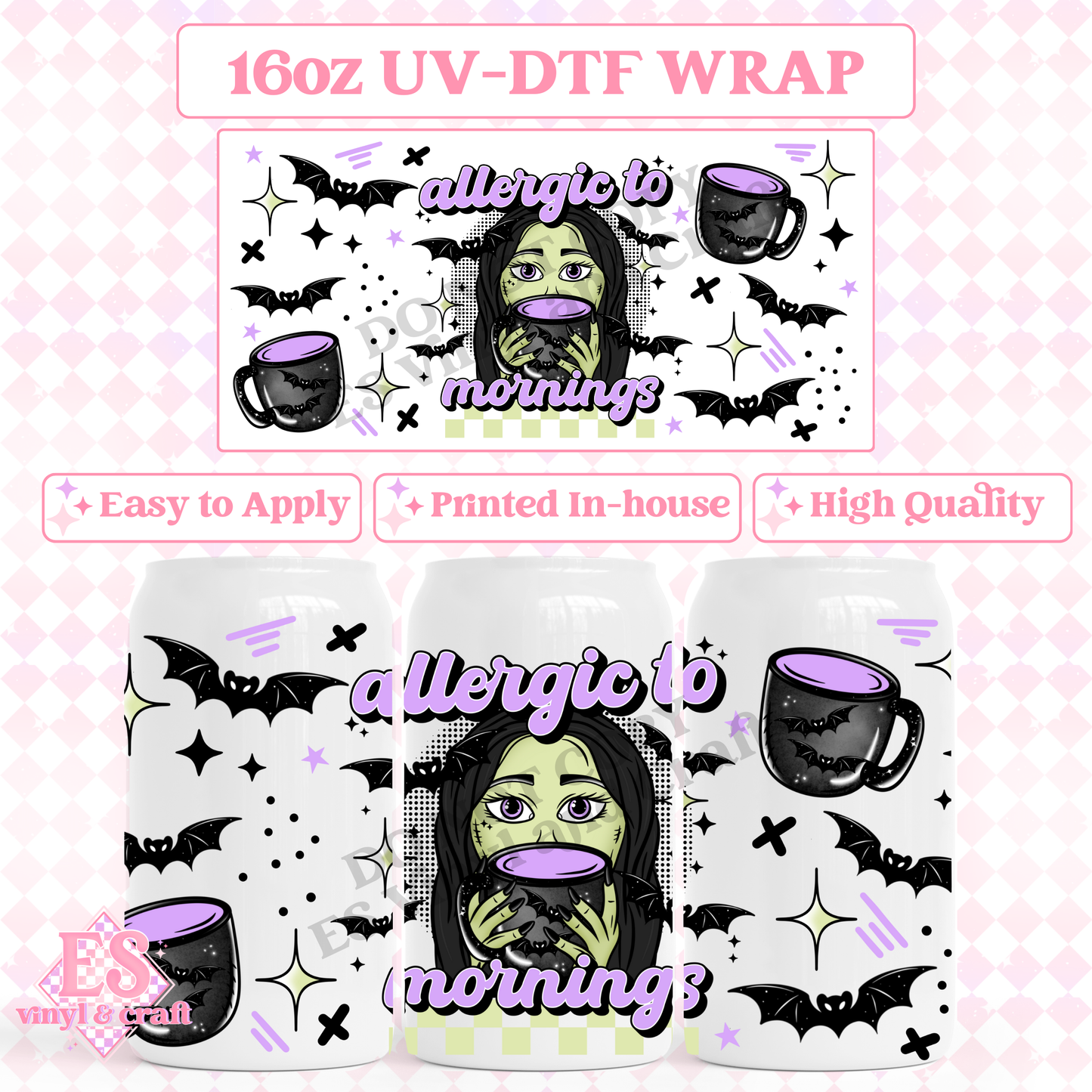 Allergic to Mornings - 16oz Beer Can / Libbey UV-DTF Transfer image 0